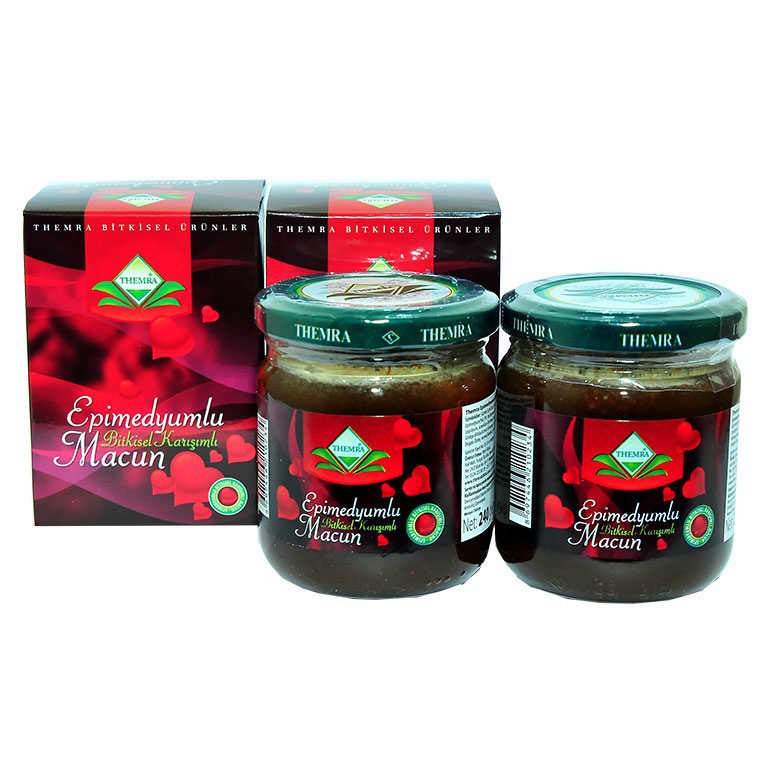 Borcan pastă Epimedium Maccun 240g cu etichetă roșie și ambalaj colorat.