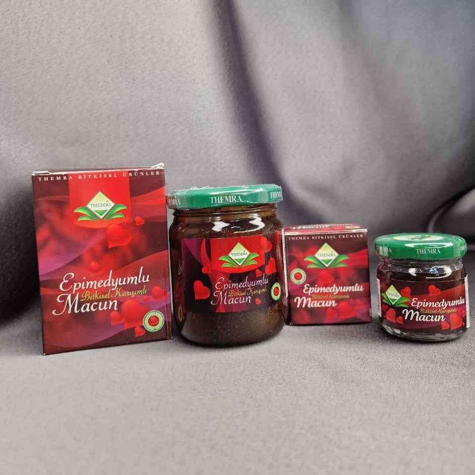 Pastă Epimedium Themra Macun brand Maccun, borcan 240g, etichetă roșie și capac verde.