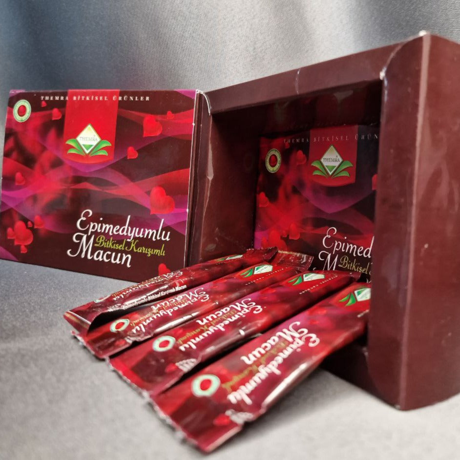 Pachet Pastă Epimedium Maccun în pliculețe roșii cu detalii albe și verzi.